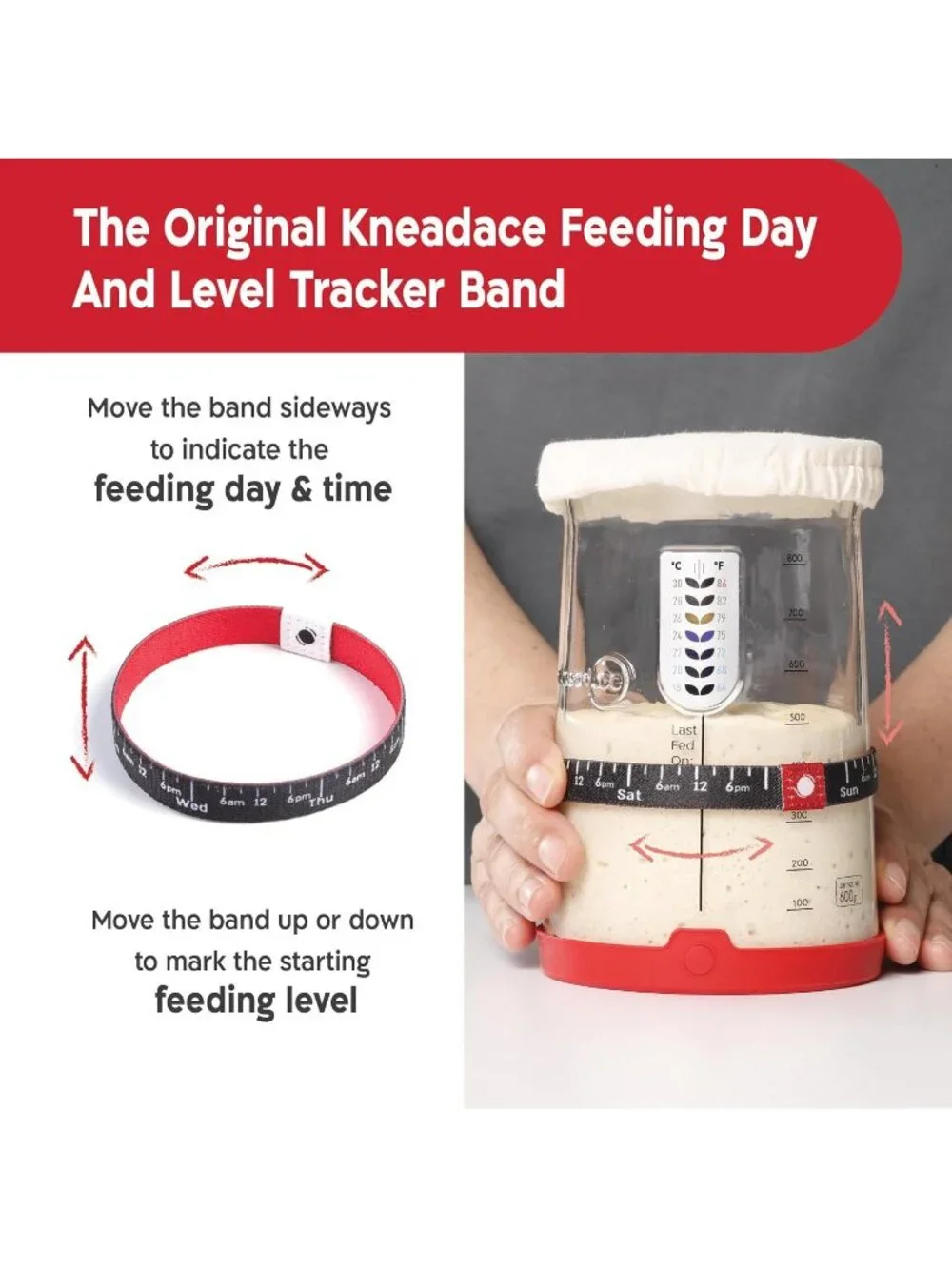 Kneadace Sourdough Starter Jar Set with Thermometer Band 2 Lids Scraper Spatula